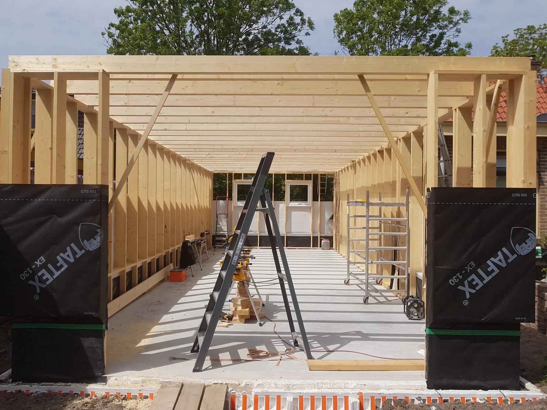 Houtskeletbouw in uitvoering